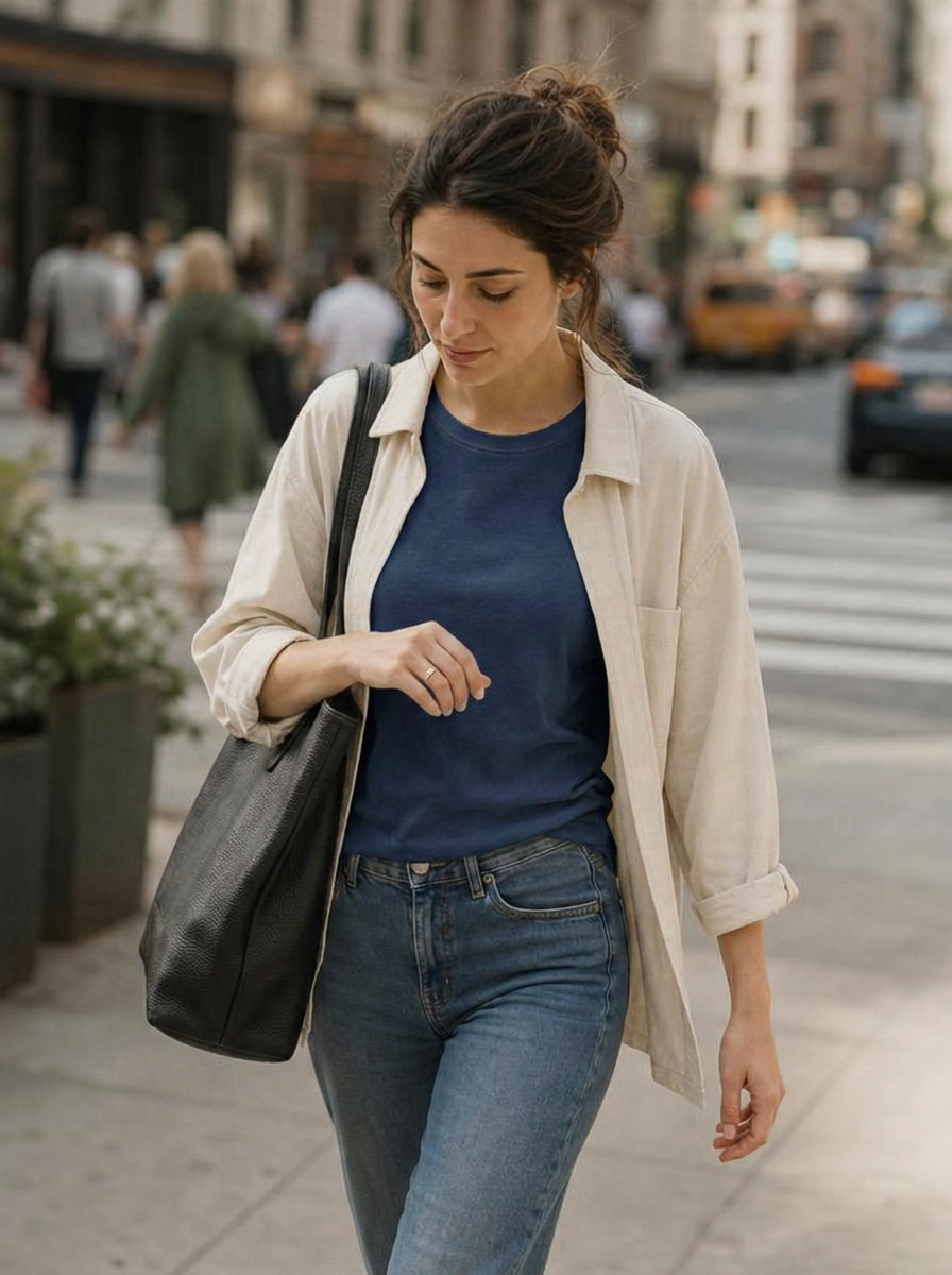 Woman in jeans and a navy t-shirt with a black leather tote walking through a busy city street, glancing at the silver smart ring on her finger